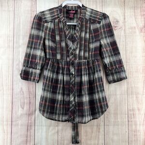 Jack BB Dakota Women's Plaid Button Down Shirt Tie Back Top Sz M Brown Retro 90'
